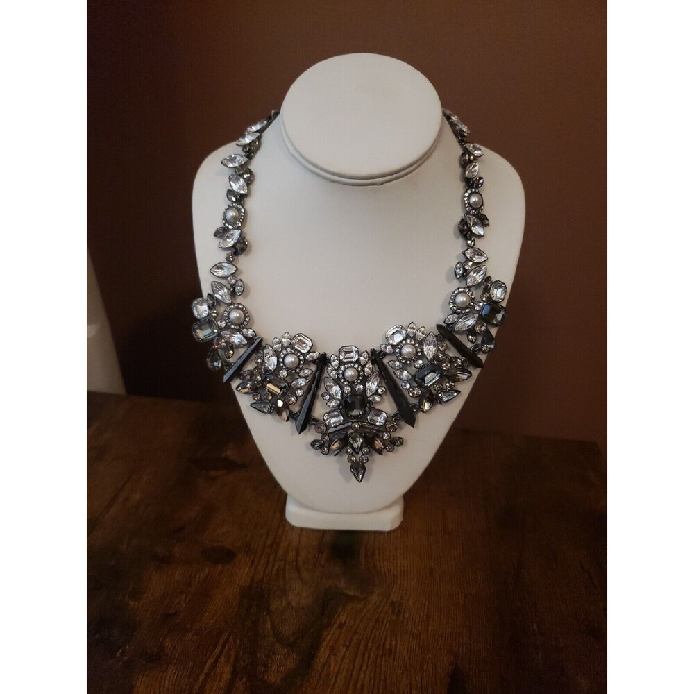 Givenchy Statement Necklace Smoky Grey Clear Rhinestone Faux Pearl Chunky Runway - Picture 2 of 16